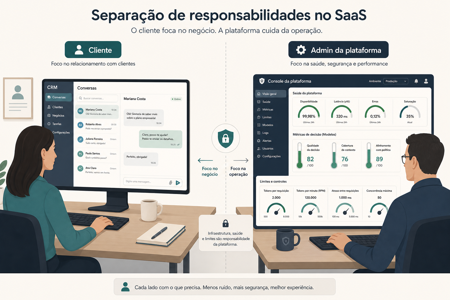 <p><em>Figura — O CRM do cliente não é console de infraestrutura.</em></p>
<p>Um erro clássico de produto de IA é empurrar termômetros, logs e avisos de provedor para o painel do cliente.</p>
<p>No Prosync, a regra ficou explícita:</p>
<ul>
<li><strong>Cliente (CRM / Gaia Trainer):</strong> treina tom, base, breaks, testa conversa.</li>
<li><strong>Admin da plataforma:</strong> vê governança E.C.H.A., % sem LLM, fast-path, erros LLM, rate limit, e edita limites (tokens, tamanho, delay humano).</li>
</ul>
<p>Inclusive o <strong>ambiente de teste</strong> grava decisões no mesmo log de governança (marcadas como <code>simulate</code>), para o time medir uso sem depender só do tráfego real.</p>